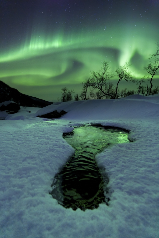 Aurora Borealis over a frozen river Norway Canvas Art - Arild HeitmannStocktrek Images (12 x 17)