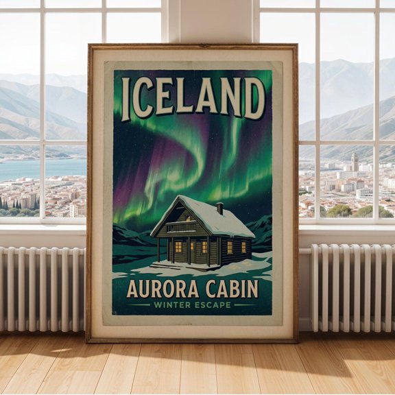 Aurora Cabin Wall Art Print, Teal Dark Navy Retro Travel Vector Landscape