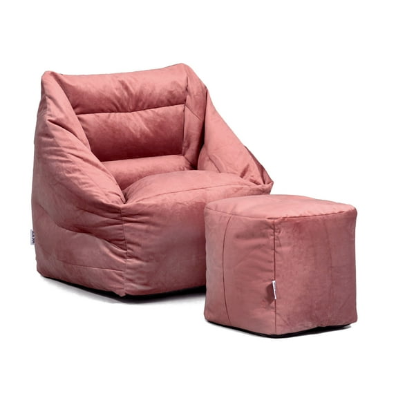 Big Joe Aurora Bean Bag Chair and Pouf Bundle, Toasted Mauve Velvet, Soft Polyester, 2.2 feet