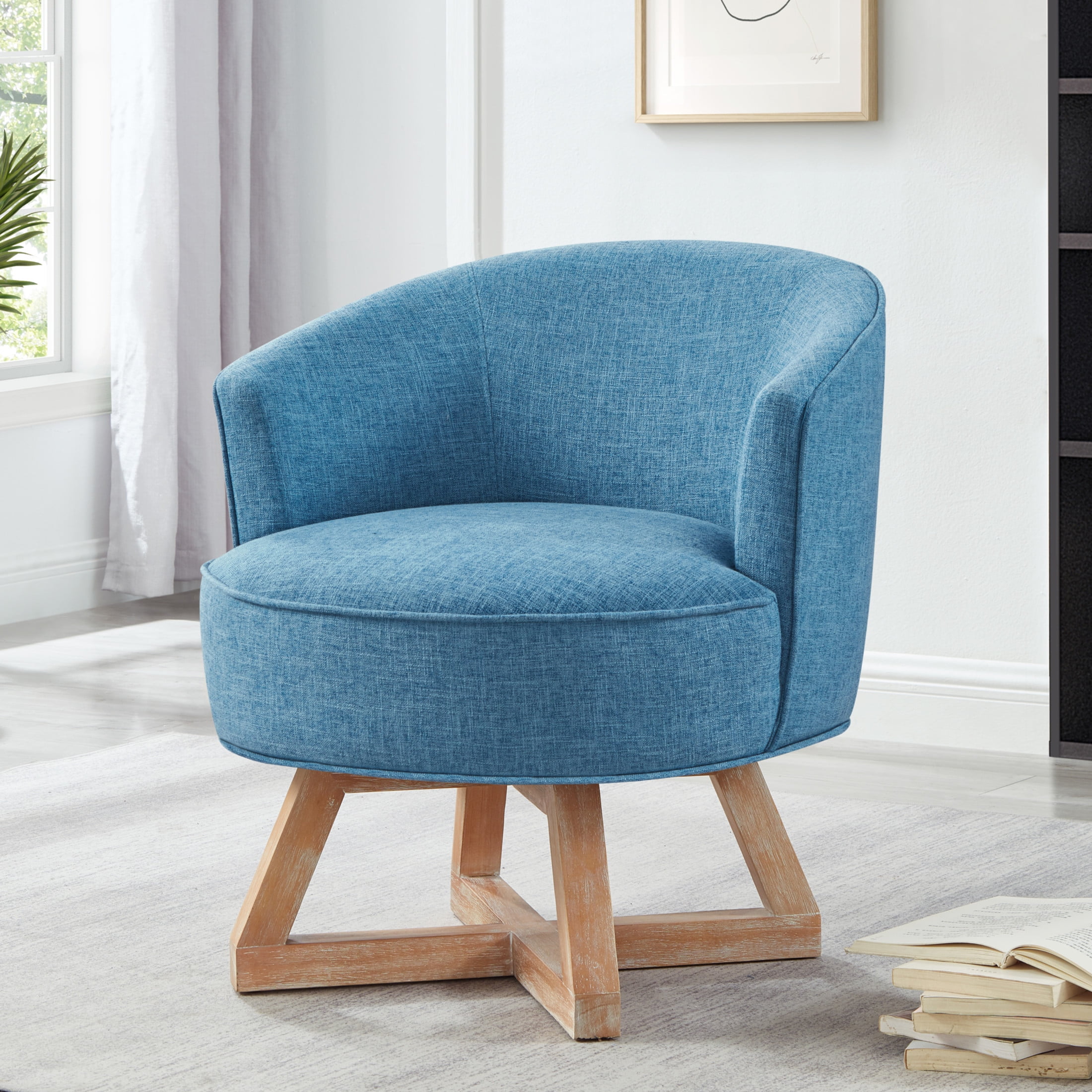 Aurora Classic 360° Linen Upholstered Swivel Accent Chair with Solid Wood Cross-Shaped Legs, Light Blue