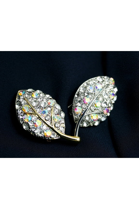 Aurora Crystal Rhinestone Two-tone Floral Leaf Brooch Pin