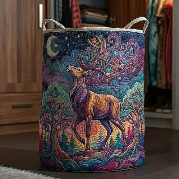 Aurora Deer Quilted Laundry Basket: Deep Forest Spirit Hamper Storage Bin, Mother's Day Gift