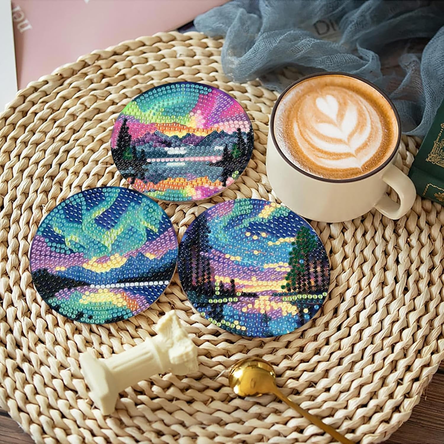 Aurora Diamond Art Coasters Kits with Holder, Landscape Diamond Painting Coasters Kits, DIY 5D Nature Scenery Diamond Dots Full Drill Art Craft Supplies