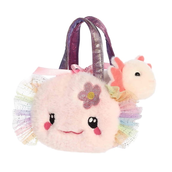 Aurora Fashionable Fancy Pals Fuzzy Face Rainbow Axolotl Stuffed Animal - Mini Plush with Stylish Purse for Dress Up Fun - Perfect for Kids 3+ Years, Costumes, and Birthdays - Pink 8.5 Inches