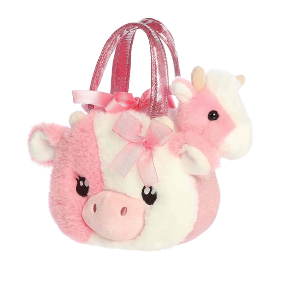 Aurora Fashionable Fancy Pals Fuzzy Face Strawberry Cow Stuffed Animal - Mini Plush with Stylish Purse for Dress Up Fun - Perfect for Kids 3+ Years, Costumes, and Birthdays - Pink 8 Inches