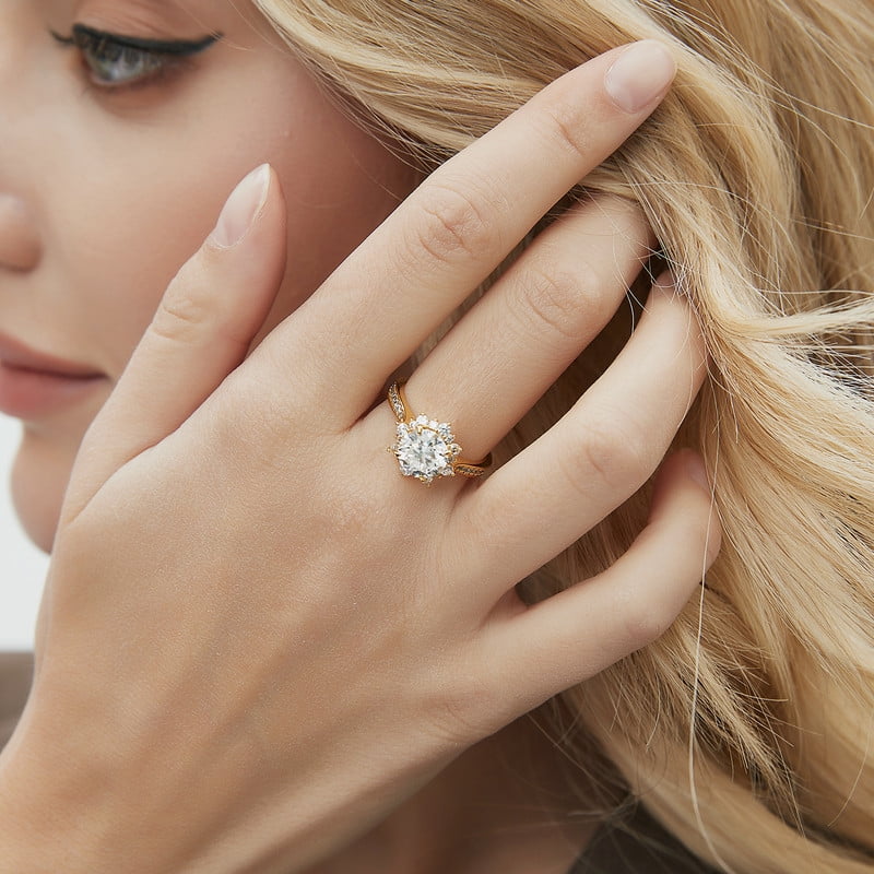 Aurora&Fiori 0.5carat Round Cut Moissanite Engagement Ring for Women 18K Yellow Gold Plated S925 Sterling Silver Flower Halo Promise Ring