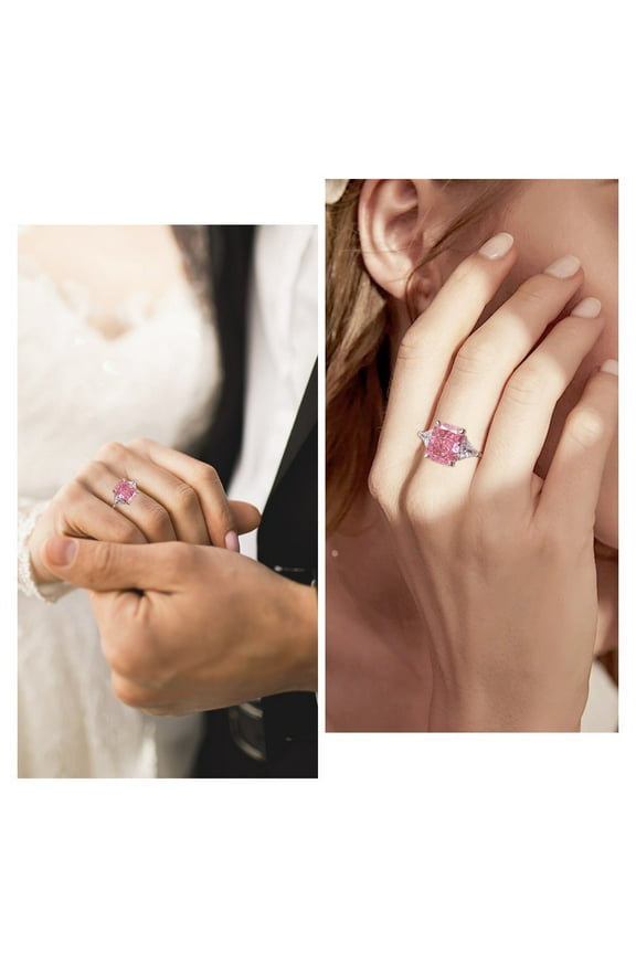 4CT Pink Radiant CZ Engagement Rings for Women,925 Sterling Silver 3-Stone Engagement Promise Ring for Her