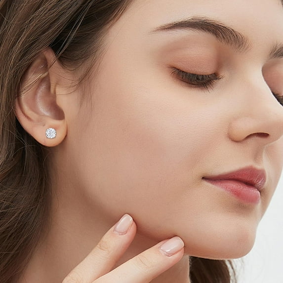 Aurora&Fiori White Round Cut Cubic Zirconia Stud Earrings for Women,18K White Gold Plated 925 Sterling Silver Fashion Earrings for Her