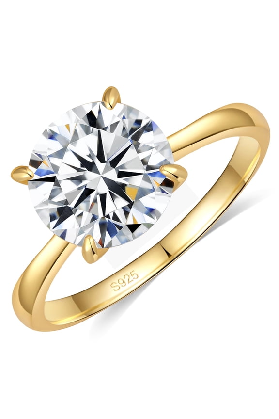 Women's Solitaire Moissanite Ring, 1CT Round D Color VVS1, S925 Silver 18K Yellow Gold Plated, Size 7