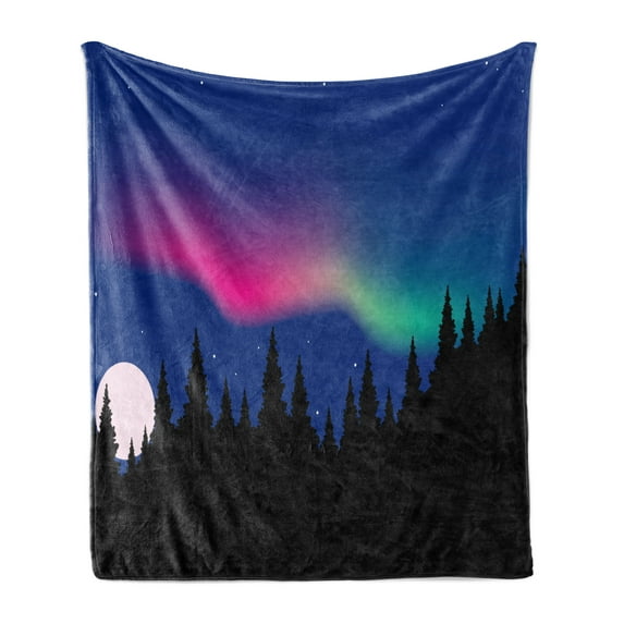 Aurora Forest Soft Flannel Fleece Throw Blanket, Aurora Borealis over Woodland Silhouette Graphic, Cozy Plush for Indoor and Outdoor Use, 50" x 70", Royal Blue Multicolor, by Ambesonne