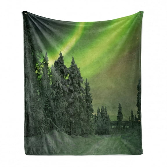 Aurora Forest Soft Flannel Fleece Throw Blanket, Scenery of Aurora Borealis Snow Blanketed Trees North Winter Outdoor Scene, Cozy Plush for Indoor and Outdoor Use, 70" x 90", Multicolor, by Ambesonne