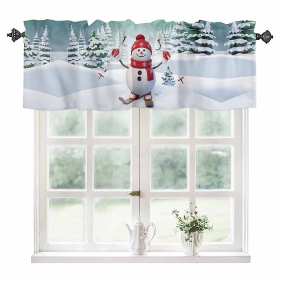 Aurora Green Christmas Kitchen Valances for Windows 54x18 Inch Kitchen Curtains Valances Rod Pocket Winter Skiing Snowman Pine Tree Bathroom Window Valances for Window Treatment Decor