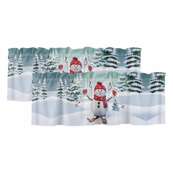 Aurora Green Christmas Valances for Windows, Decorative Rod Pocket Window Valance Curtains, Winter Skiing Snowman Pine Tree Short Curtain Drapes for Kitchen/Living Room, 2 Panels, 42" W x 12" L