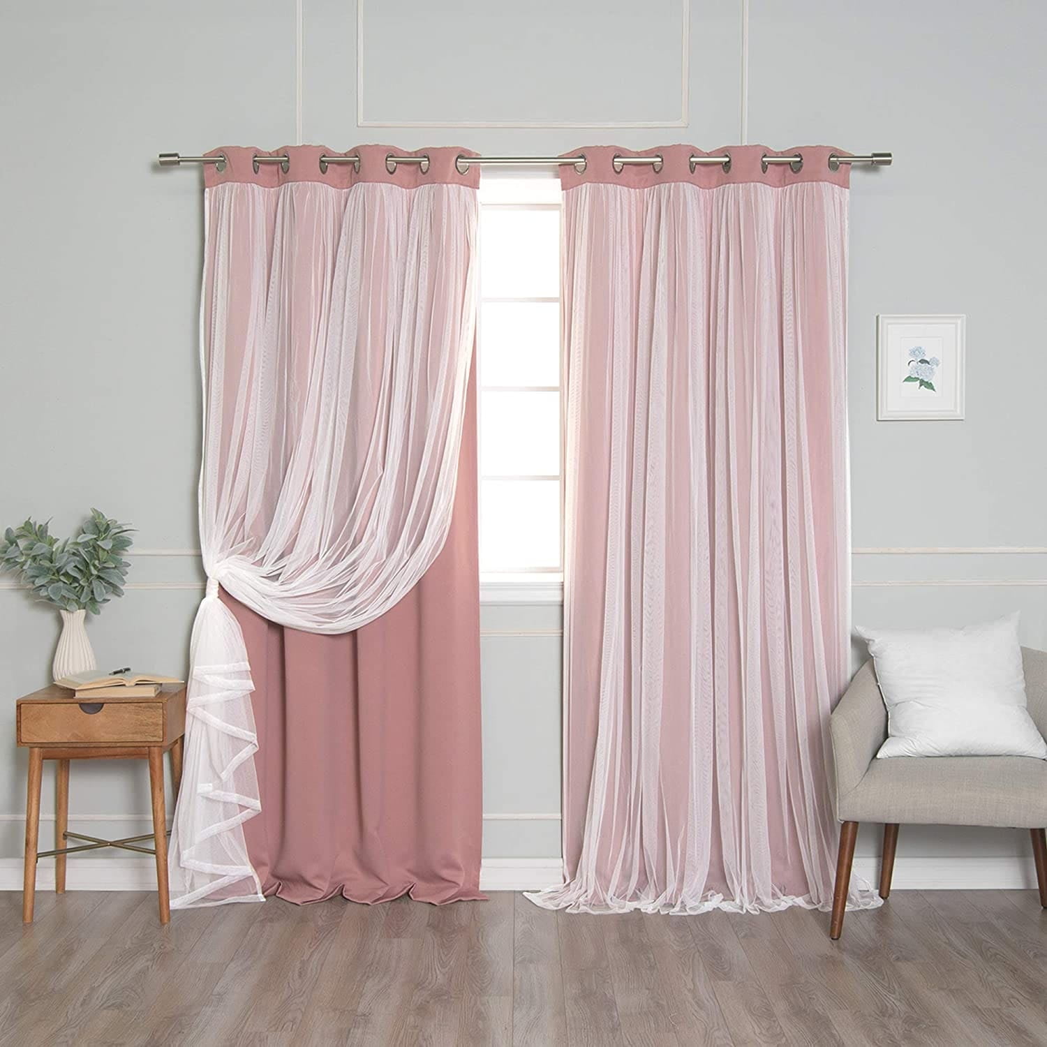 Aurora Home Gathered Tulle Overlay Blackout Curtain Panel Pair Mauve 52