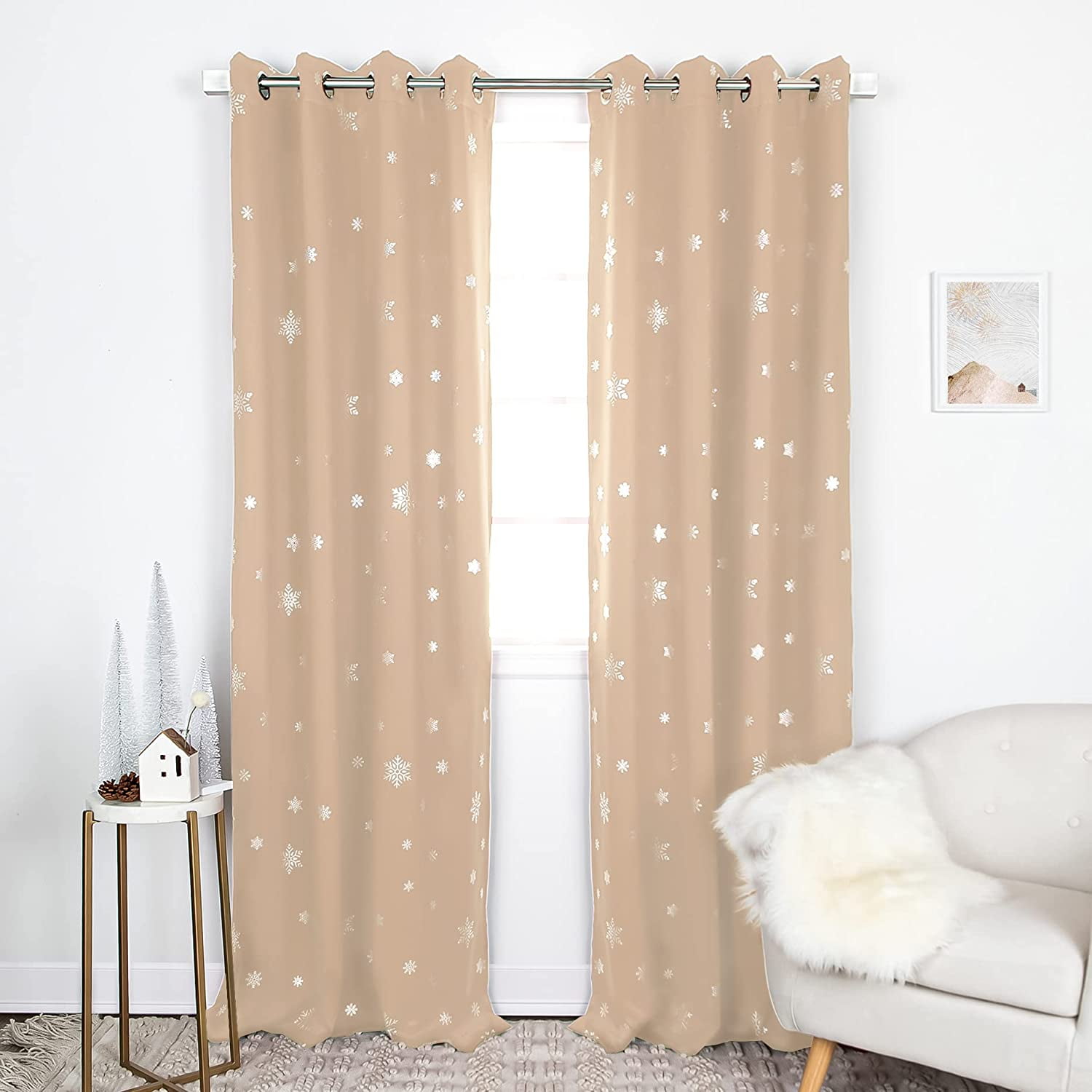 Aurora Home  Silver Foil Snowflake Thermal Insulated Blackout Curtains Beige - 63"L