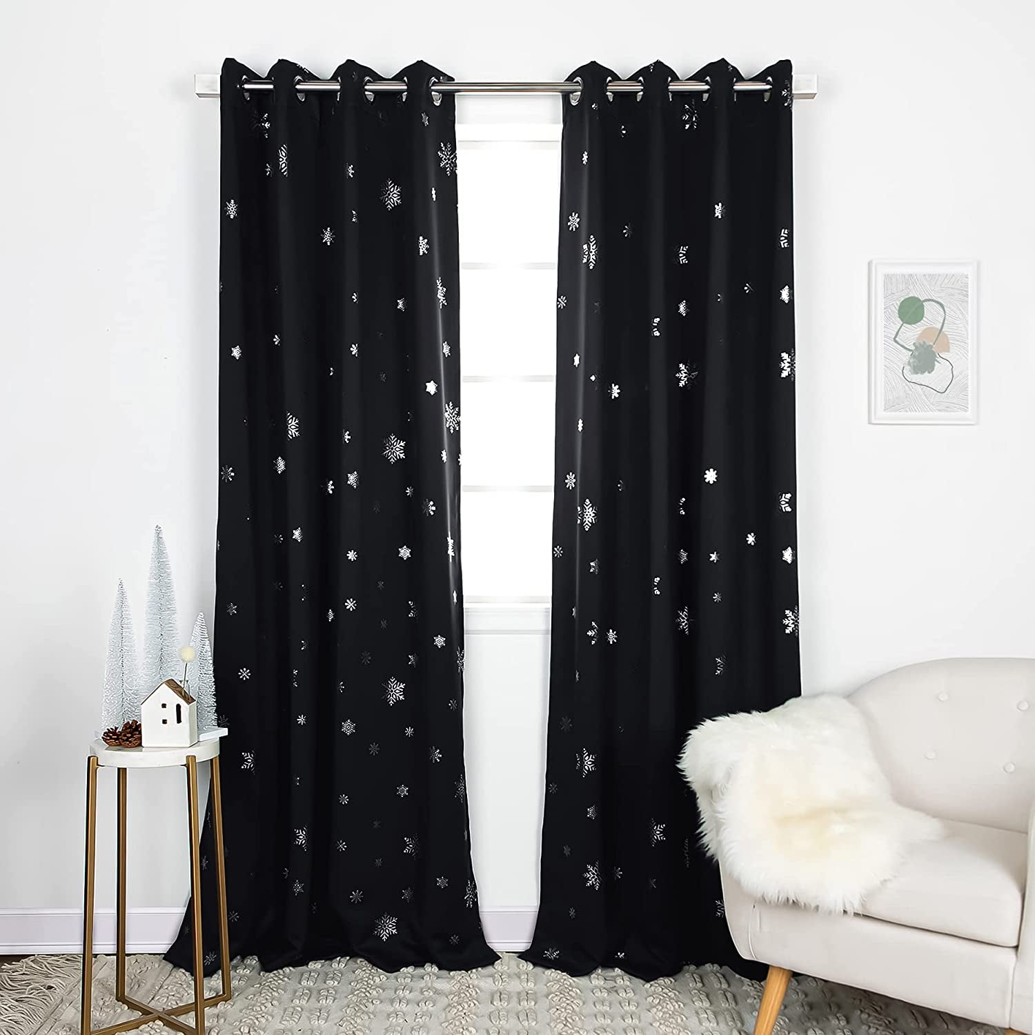 Aurora Home  Silver Foil Snowflake Thermal Insulated Blackout Curtains Black - 84"L