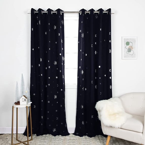 Aurora Home Silver Foil Snowflake Thermal Insulated Blackout Curtains Navy - 63"L
