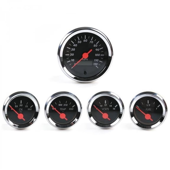 Aurora Instruments SAE American Classic 5 Gauge Set - Black, Orange Vintage Needles, Chrome Rings