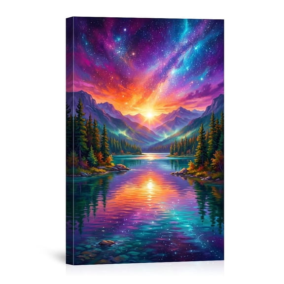Aurora Lake Fantasy Space Mountain Landscape Colorful Sunset Reflection Art For Home Canvas