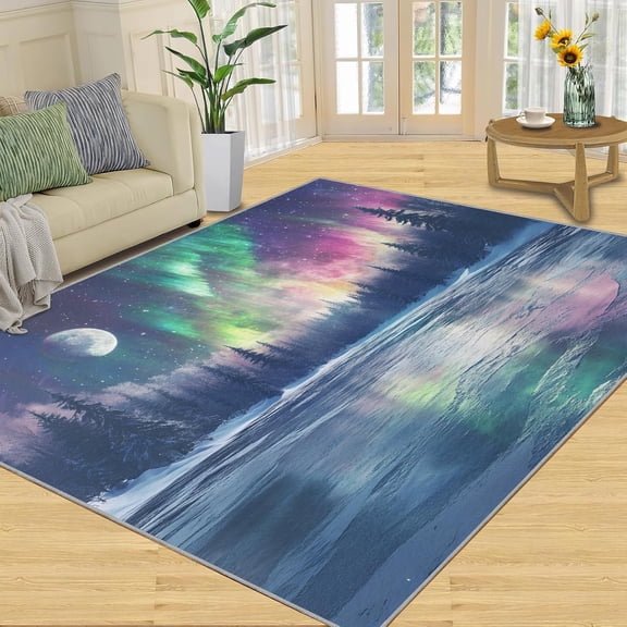 Aurora Landscape Rugs for Living Room Area Rug, Arctic Forest Rug, Natural Landscape Washable Rugs for Bedroom, Non Slip Low Pile, Soft Indoor Carpet Home Decor-5' x 8'
