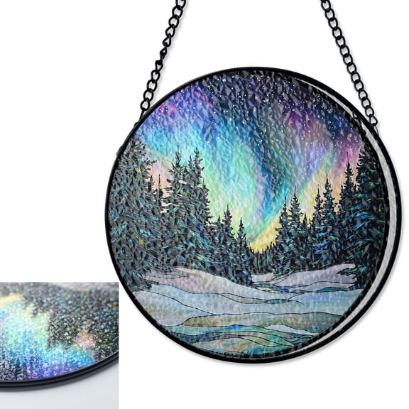 Aurora Landscape Stained Glass Suncatcher, Green Trees Window Panel