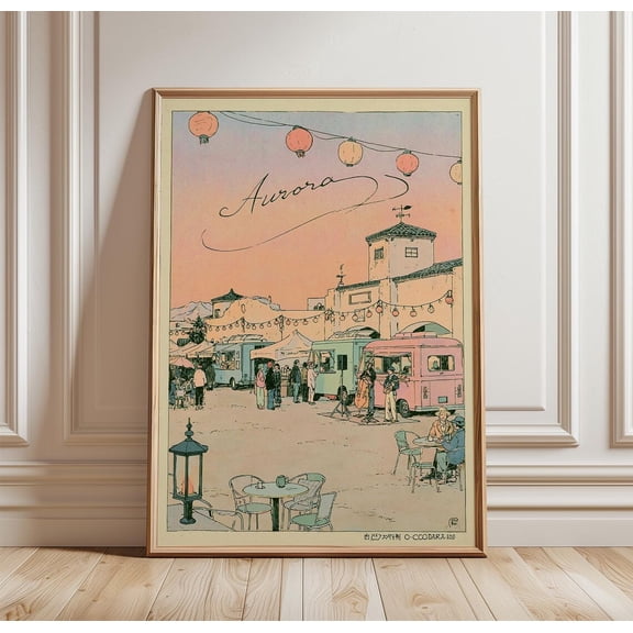 Aurora Market Square Pink Vintage Town Art Paper Print, Unframed Paper Print