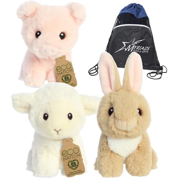 Aurora Mini Plush Set of 3 Farmyard Animals: 5" Lamb, Tan Bunny, and Pig with Drawstring Bag