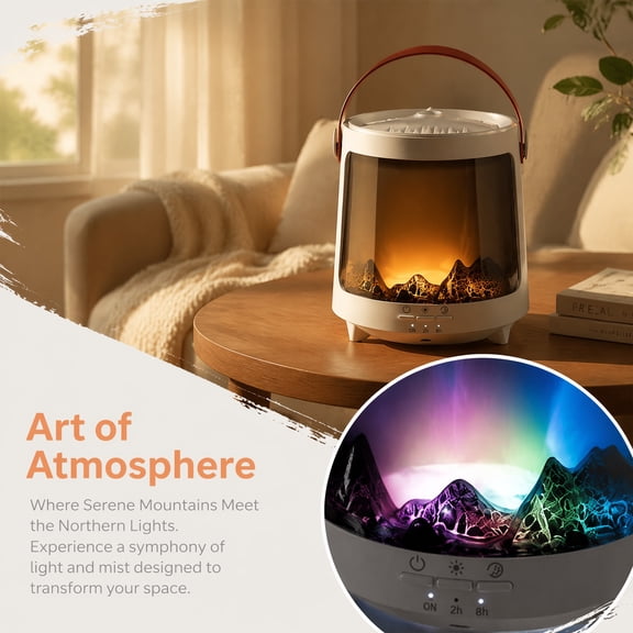Aurora Mountain Essential Oil Diffuser with Remote Control, 7-Color Ambient Light, 2H/8H Timer and Carry Handle for Bedroom and Home Office
