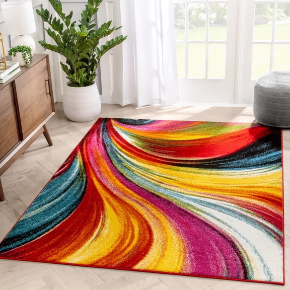 Aurora Multi Red Yellow Orange Swirl Lines Modern Geometric Abstract Brush Stroke Area Rug 3x5 ( 3'3" x 5' ) Easy Clean Fade Resistant Shed Free Contemporary Painting Art Stripe Thick Soft Plush