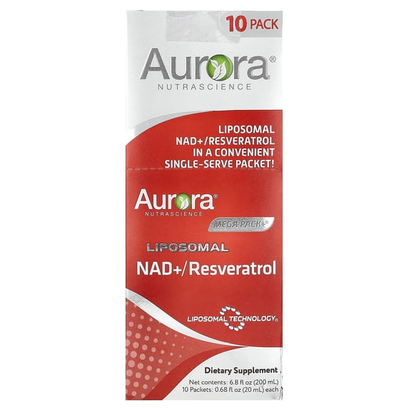 Aurora Nutrascience Mega-Pack+, Liposomal NAD +/ Resveratrol, 10 Packets, 0.68 fl oz (20 ml) Each