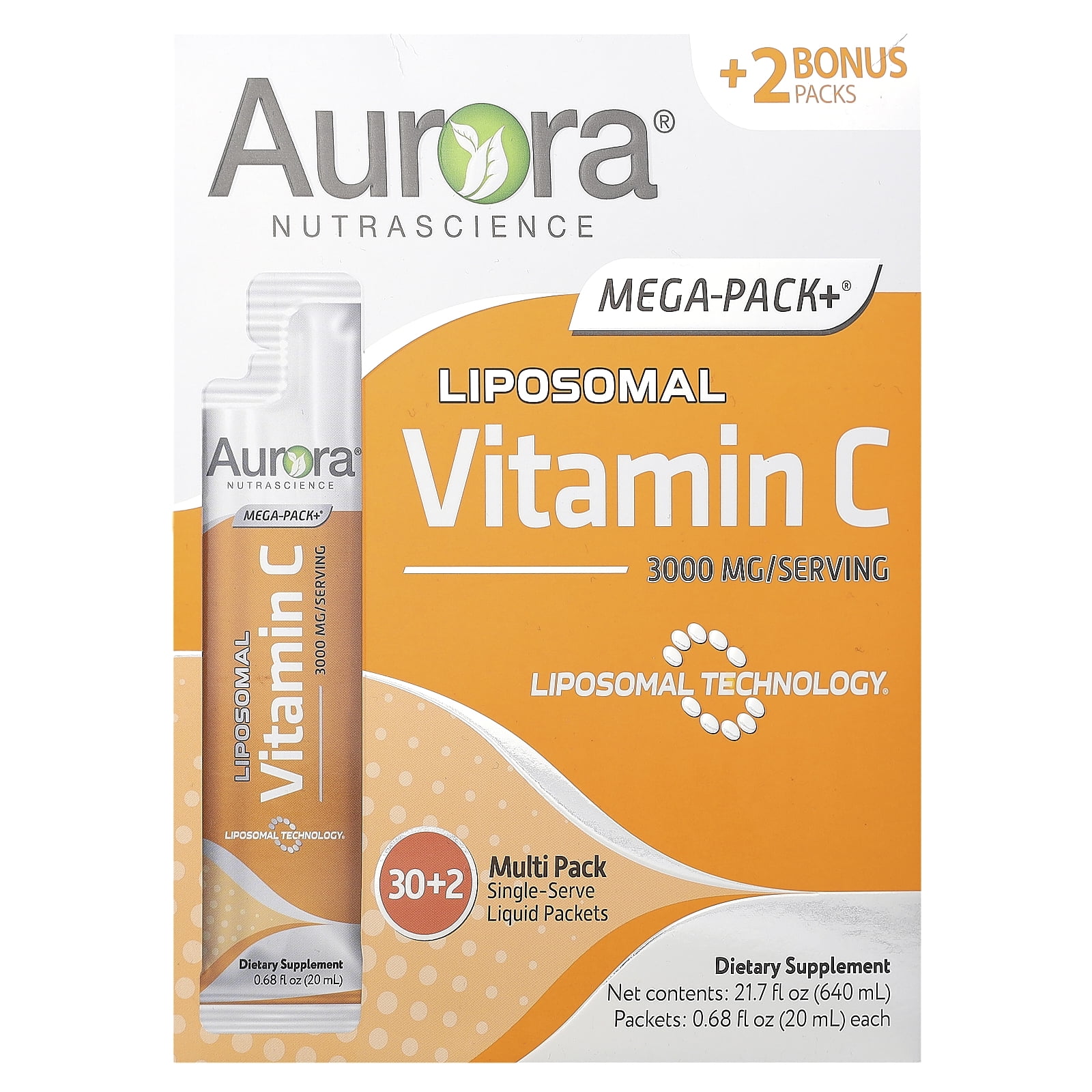 Vida Lifescience Aurora Nutrascience Mega-Liposomal Vitamin C, 3000mg 32 Packs (0.5 fl oz) Box