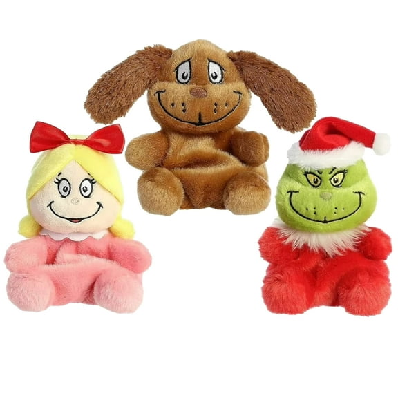 Aurora Dr. Suess Palm Pals Christmas Plush 3 Piece Bundle of 5" Santa Grinch with 5" Max and 5" Cindy-Lou Who