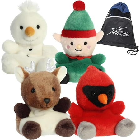Aurora Palm Pals 5" Plush Wintertime Bundle of 4: Froyo Snowman, Jolly Elf, Louis Cardinal, and Dash Reindeer