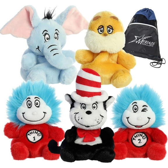 Aurora Palm Pals Dr. Seuss 5" Plush Set of 5: The Cat in The Hat, Thing 1+2, Horton, and The Lorax with Exclusive Drawstring Bag