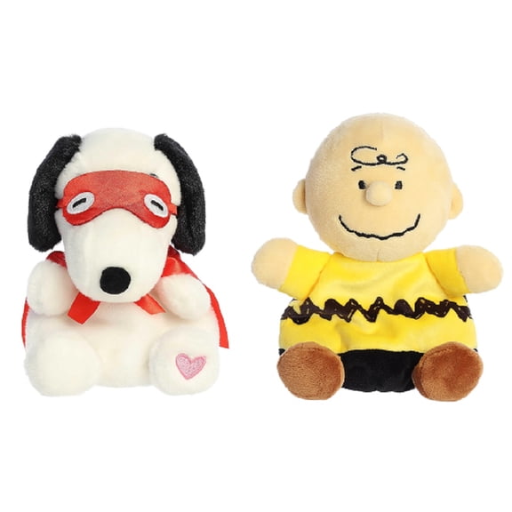 2 Piece Aurora 5" Peanuts Plush Palm Pals, Snoopy Kissing Bandit and Charlie Brown