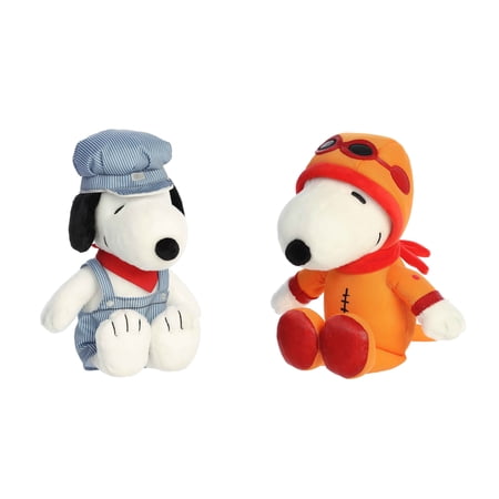 Aurora Peanuts Beagle Snoopy Plush 2 Piece Bundle, 12.5" and 14" Train Engineer