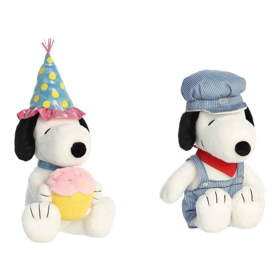 Aurora Peanuts Plush Bundle, 12" Birthday Snoopy and 14" Train Engineer Snoopy