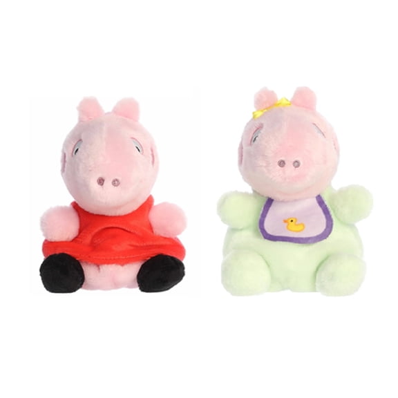 New Aurora Palm Pals Peppa Pig 5" Plush 2 Pc Set, Peppa and Evie Baby with Bib