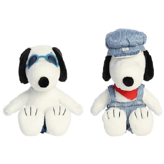 Aurora Peanuts Plush Bundle, 12" Surfer Snoopy and 14" Train Engineer Snoopy