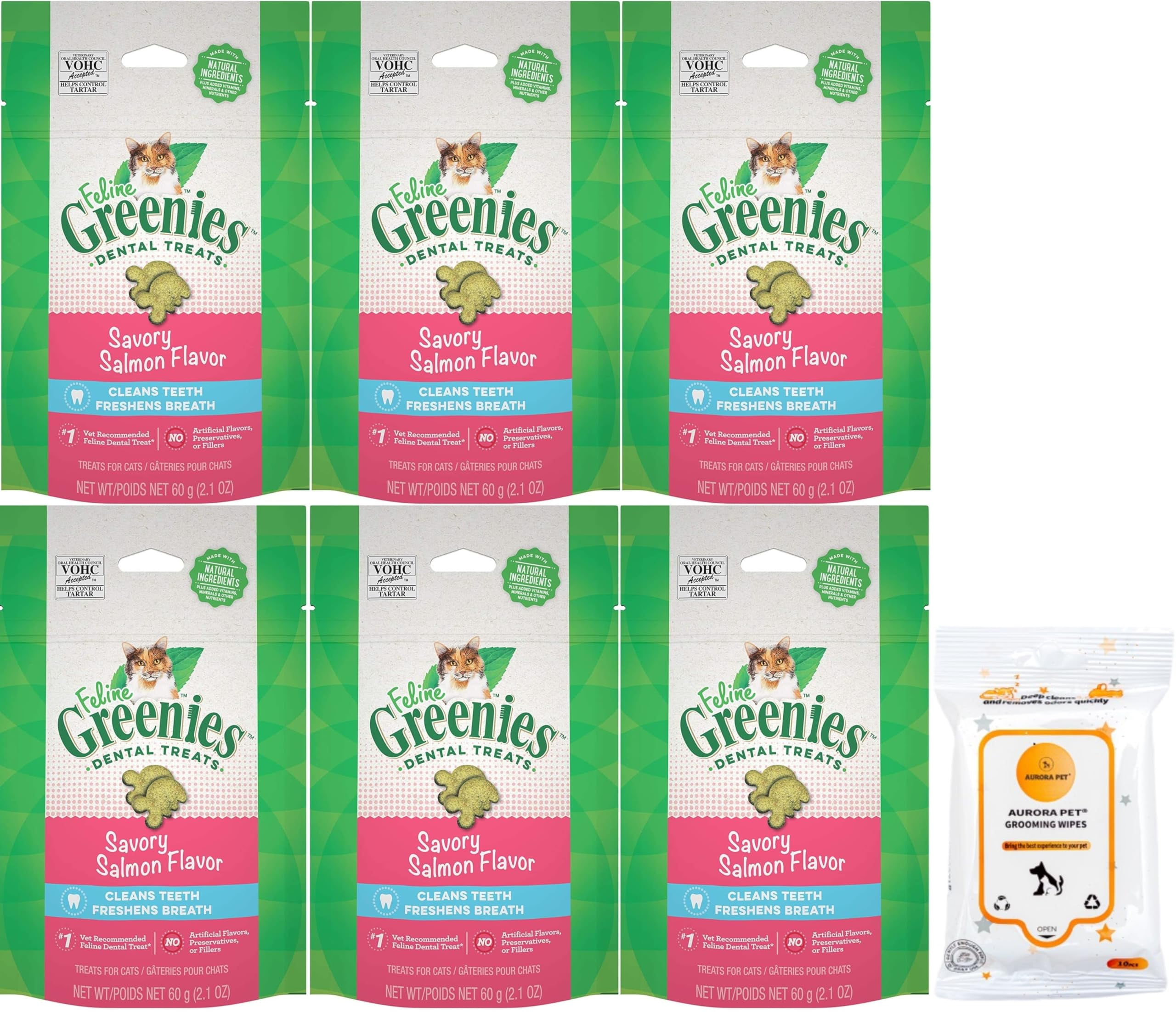 Aurora Pet Bundle (6) Feline Greenies Savory Salmon Flavor Adult Dental Cat Treats (2.1-oz Each) with AuroraPet Wipes C43