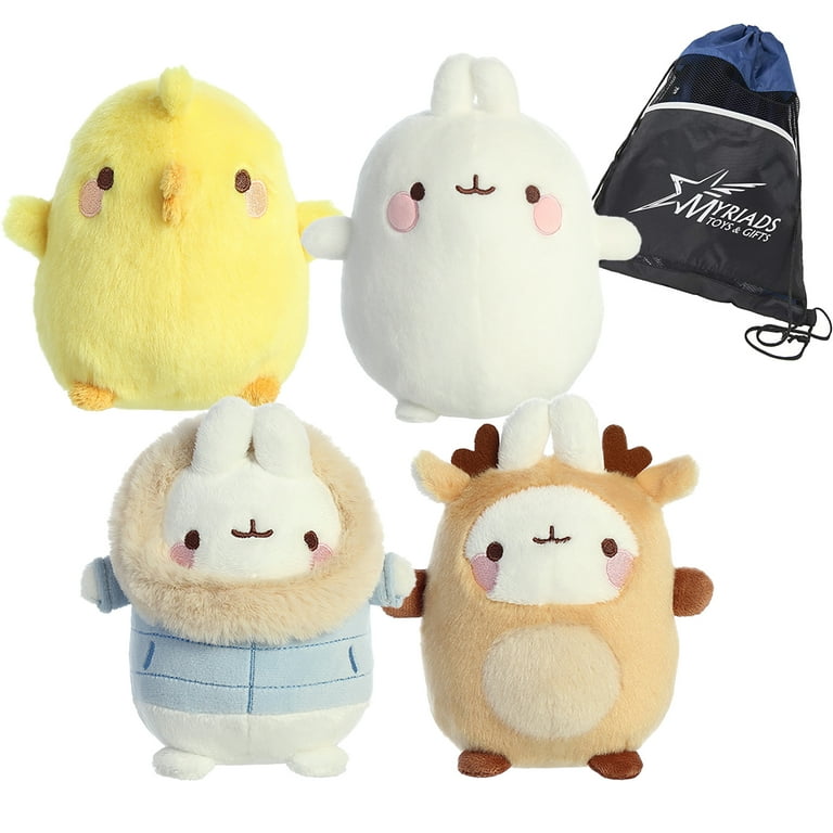 Aurora Plush Set of 4: 10 Molang, 6 Winter Jacket, 6 Reindeer Costume  and 4.5 Piu Piu Molang with Drawstring Bag 