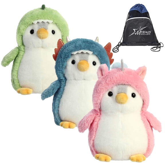 Aurora Pompom Penguin Plush Set of 3: Dino, Dragon and Unicorn 7 with Myriads Drawstring Bag