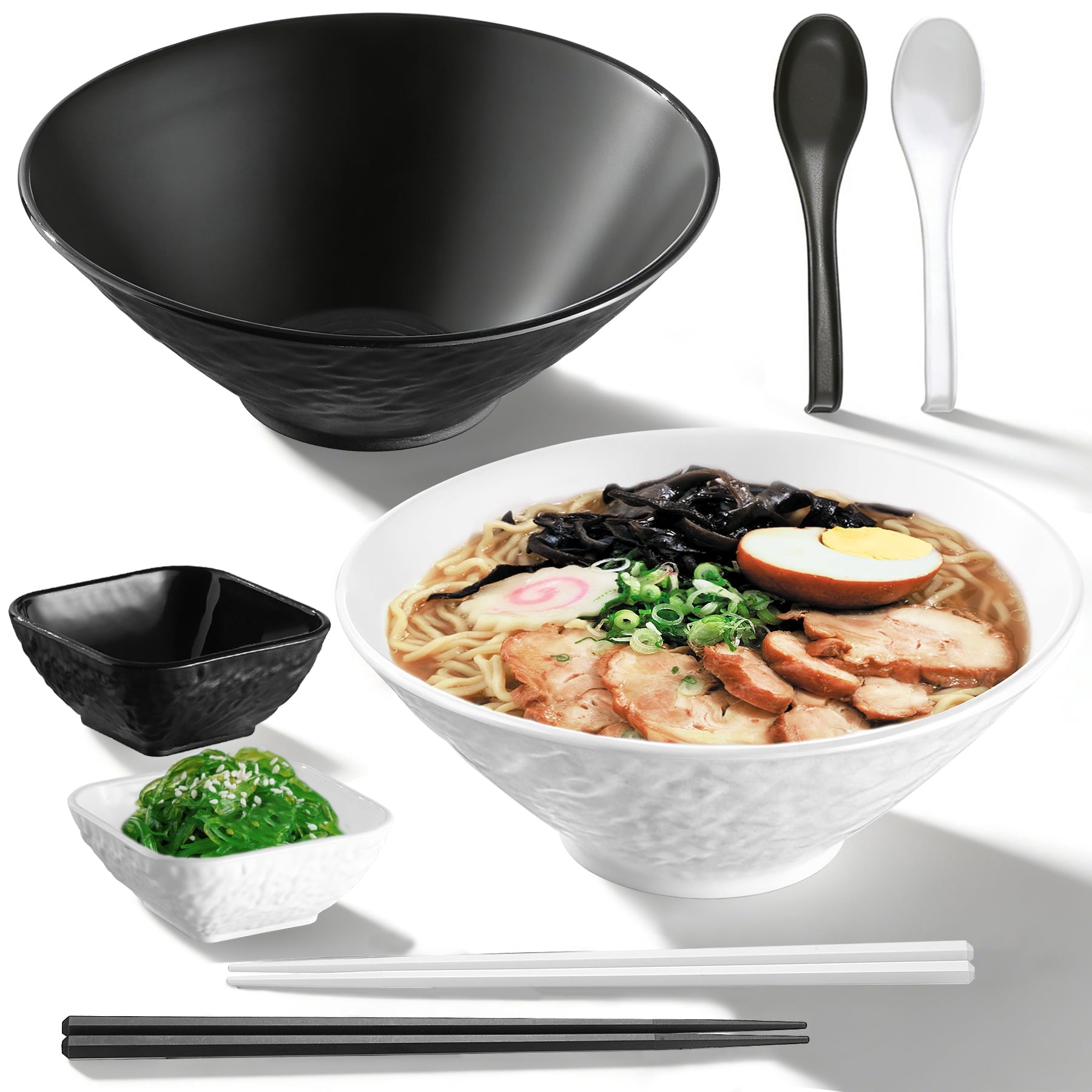 ReaNea Ramen Bowl Set 40oz with Chopsticks Dipping Bowls and Spoons: 2 large Unbreakable Japanese Style Plastic Noodle Soup Bowls for Asian Pho Soup Thai Miso Udon Wonton (Black, White) - Walmart.com