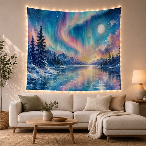 Aurora Reflected Across a Moonlit Mountain Lake, Dreamy Watercolor for Astronomy Fans, Northern Lights Art, Christmas Gift, Tapestry Wall Hanging for Bedroom and Living Room