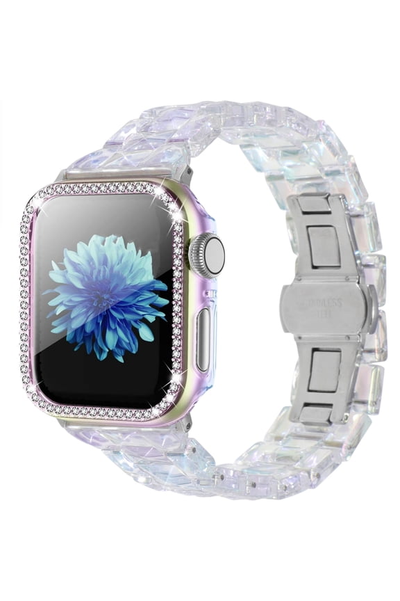 Aurora Resin Bands for Apple Watch 49mm 46mm 45mm 44mm 42mm 41mm 40mm 38mm, Transparent Strap with Rhinestone Case Light Glossy Bracelet Compatible with iWatch Series 10 9 8 7 6 5 4 3 2 SE Ultra