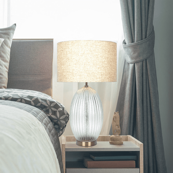 Aurora Ribbed Glass Table Lamp with Large Linen Shade, Clear Glass and Gold Base, 17-Inch Nightstand Lamp for Living Room Bedroom