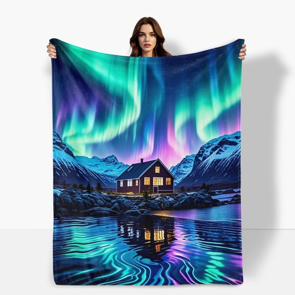 Aurora River Reflection Snowy Mountain Themed Cozy Fleece Blanket Soft Warm Comfortable For Sofa Bed Travel Camping Living Room Office Chair Polyester Gift For Family Or Friends