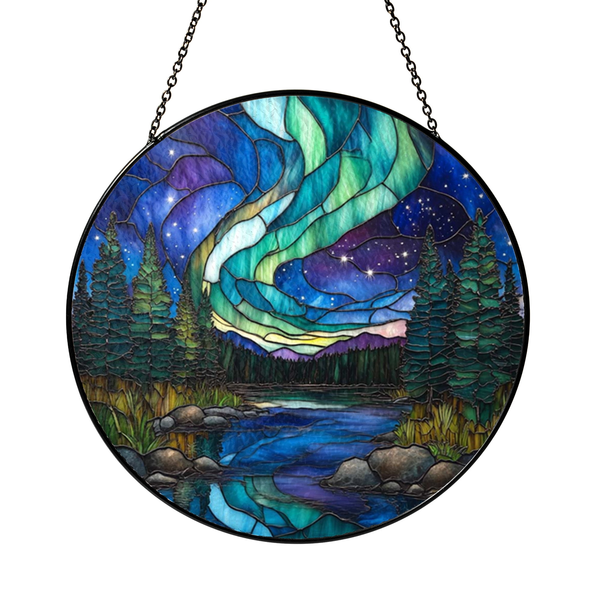 Aurora Sky Stained Glass Style Window Suncatcher, Night Landscape Art ...