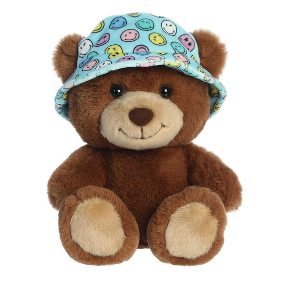 Aurora - Small Brown SMILEYWORLD - 7" Bucket Hat Bear - Vibrant Stuffed Animal
