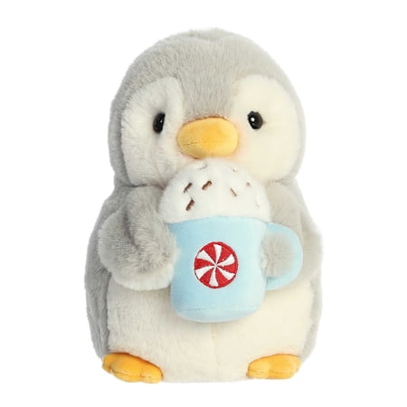 Aurora - Small Gray PomPom Penguin - 7.5" Pompom With Latte - Festive Stuffed Animal